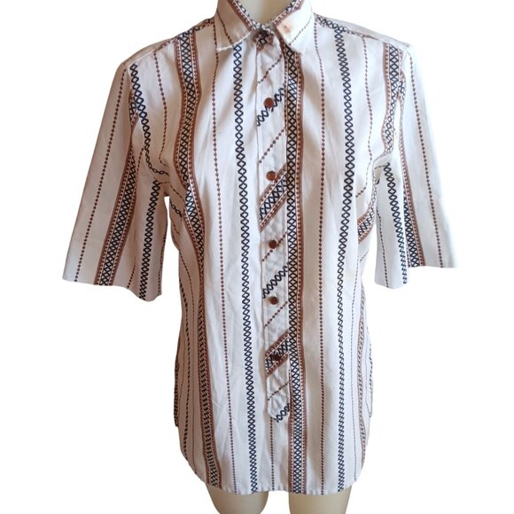 Vintage Women's Medium Tunic Top 1970s Striped Geometric Dallas Groovy Granny - Picture 1 of 8